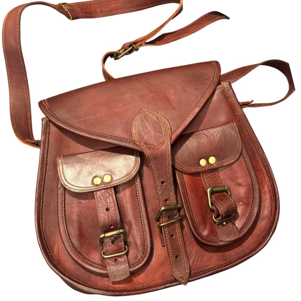 Vintage Saddle Bag Brown Leather Satchel with Buckle Accents